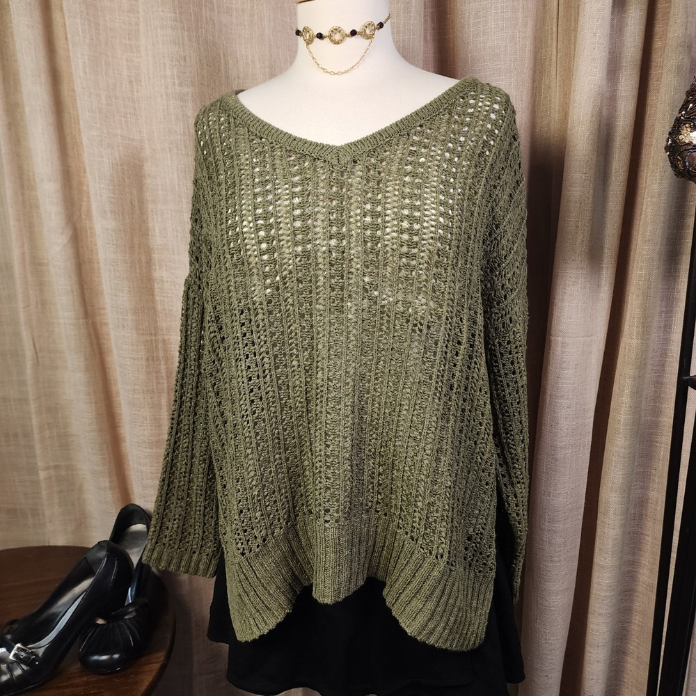 Wishlist Olive Open Knit Asymmetrical Off Shoulder V-neck Sweater Boho L